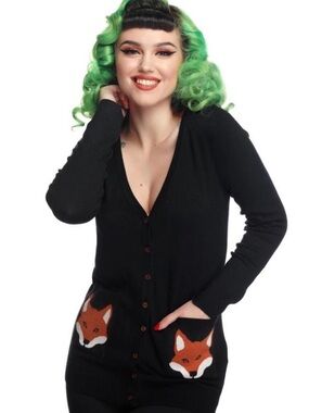 Collectif ModCloth Sydney Black Fox Pocket Women's Cardigan Size Small